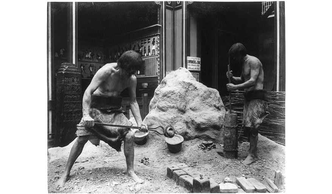 Diorama in the History of Work exhibit demonstrating early bronze casting Paris Exposition 1889