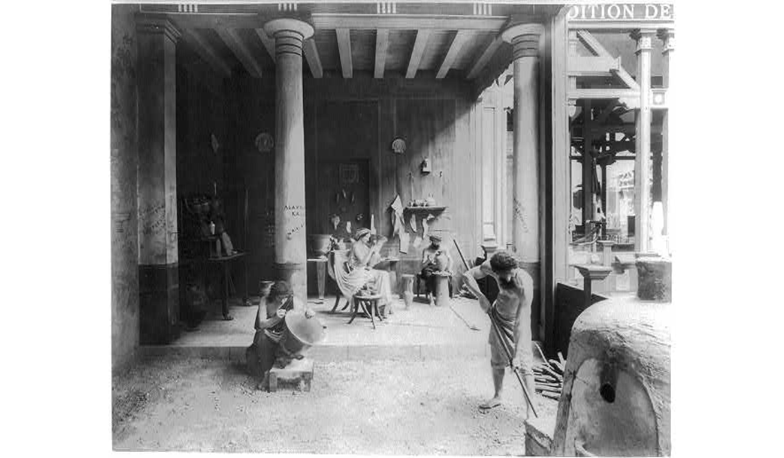 Diorama in the History of Work exhibit showing early Greek pottery making, Paris Exposition 1889